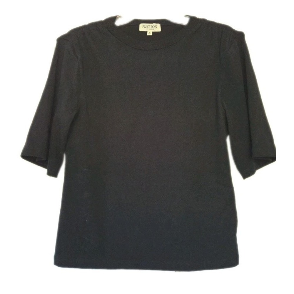 Nation Ltd Womens Black Pima Cotton Rouche Shoulder  Sleeve  Top Medium